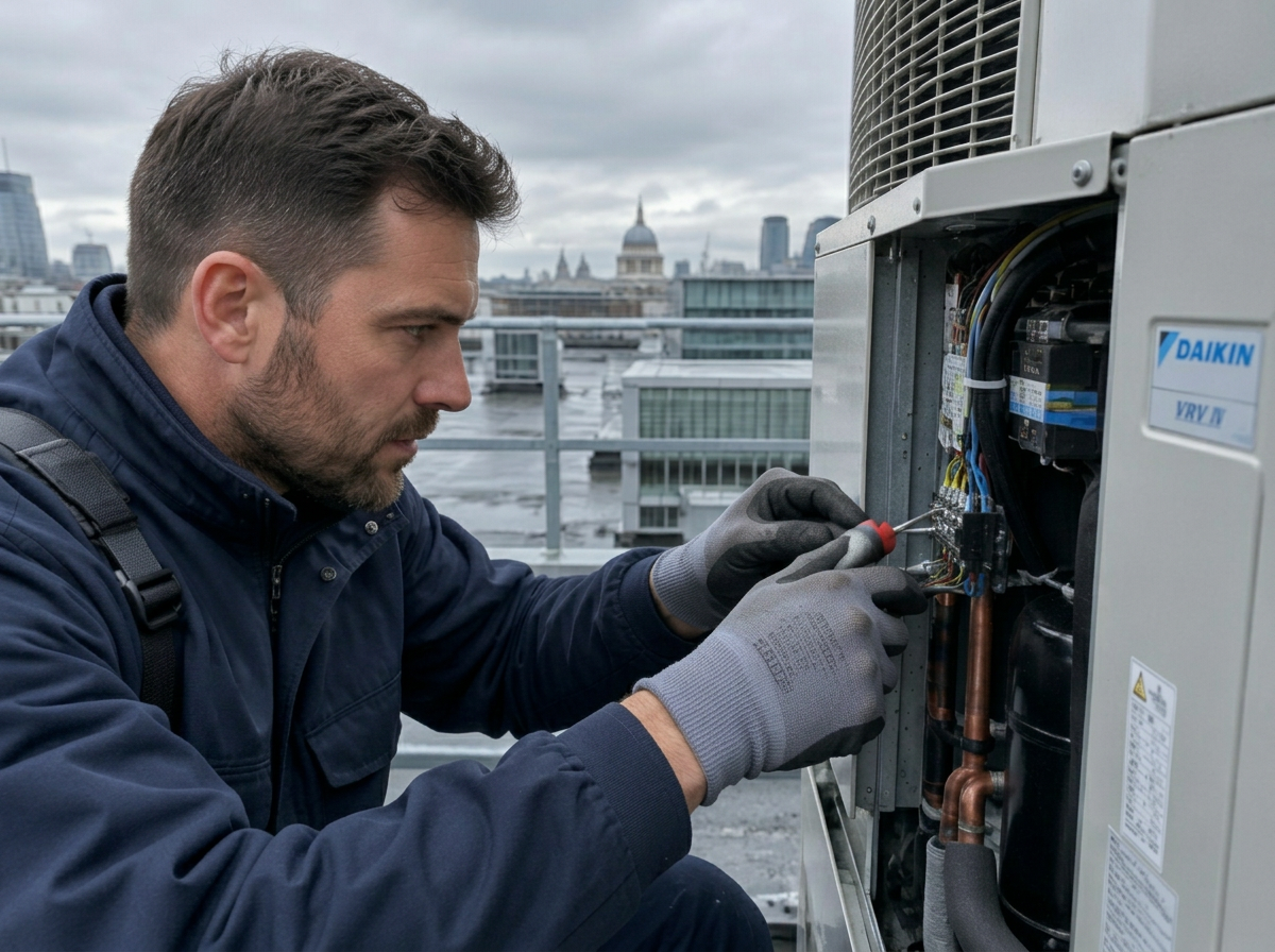Engineer servicing air conditioning